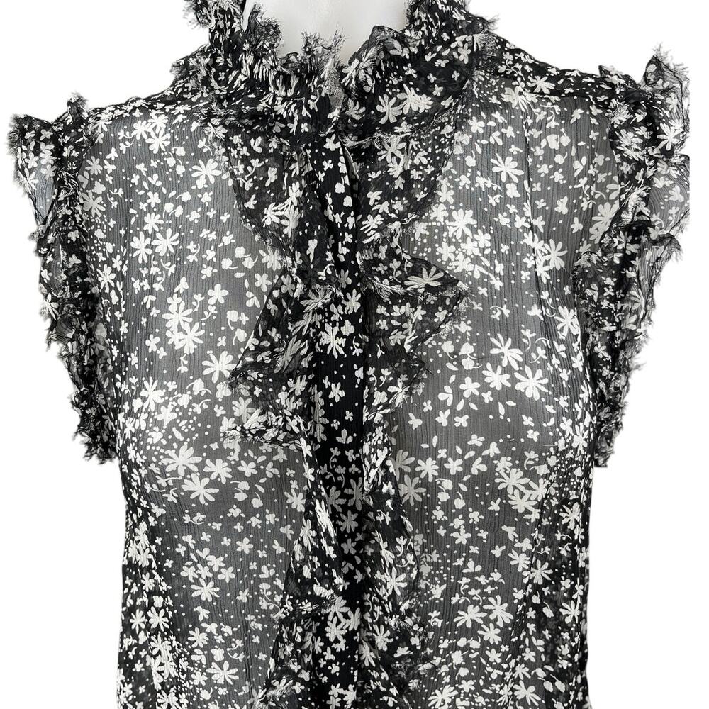 7 For All Mankind Black Floral Ruffle Sleeveless Button Sheer Cami Blouse Top XS - Picture 3 of 4